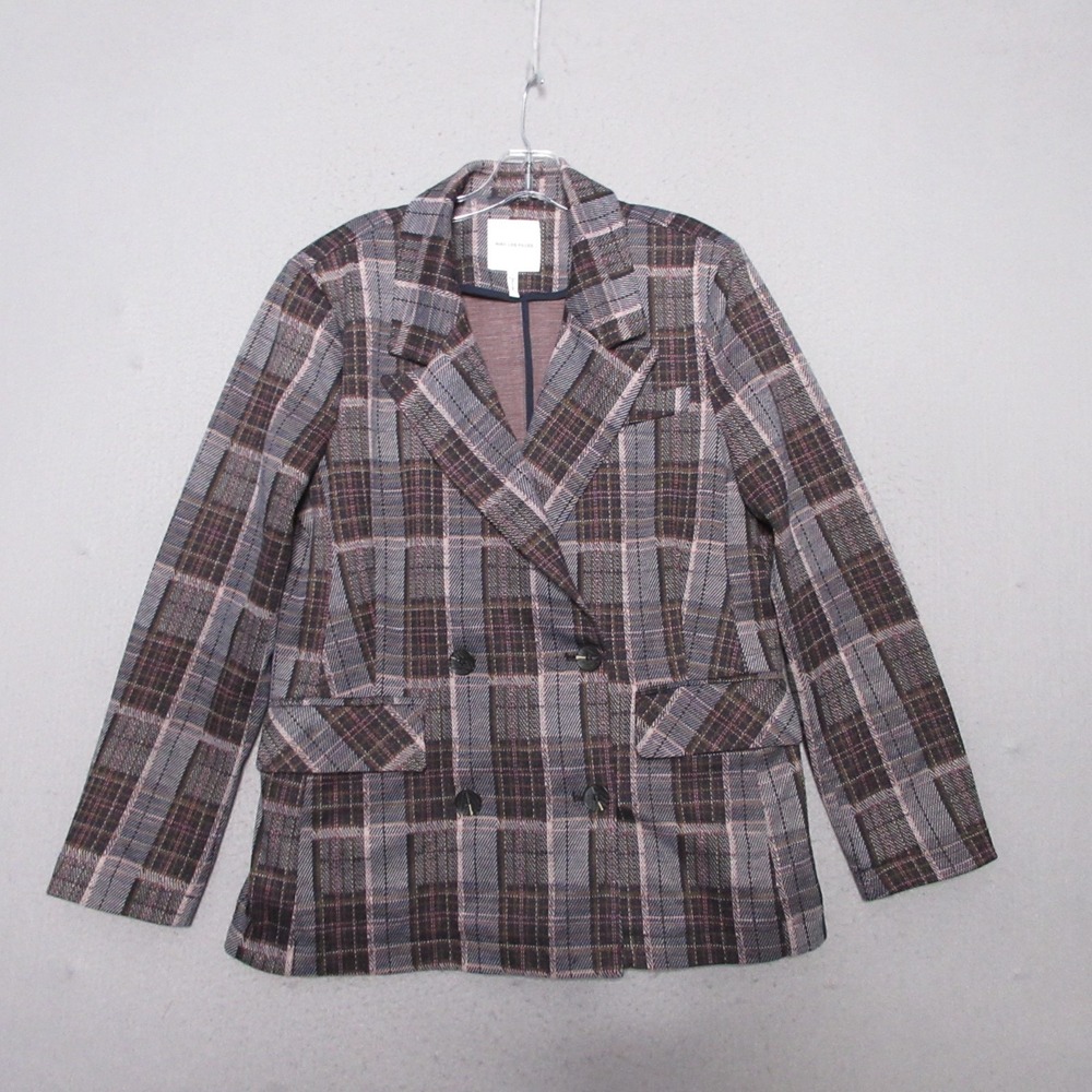 Avec Les Filles Plaid Double-Breasted Blazer in Gray and Brown